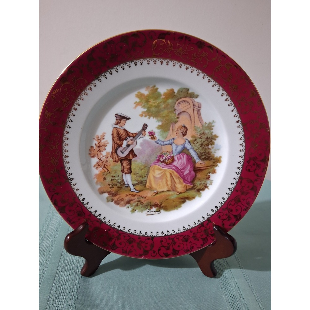 Limoges Castel France Porcelain Plate Fragonard Courting Couple Burgundy Gold